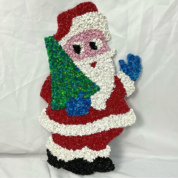 DEFECT Melted Plastic Popcorn Santa Christmas Tree Wall Hanging Retro Vintage - Picture 1 of 2